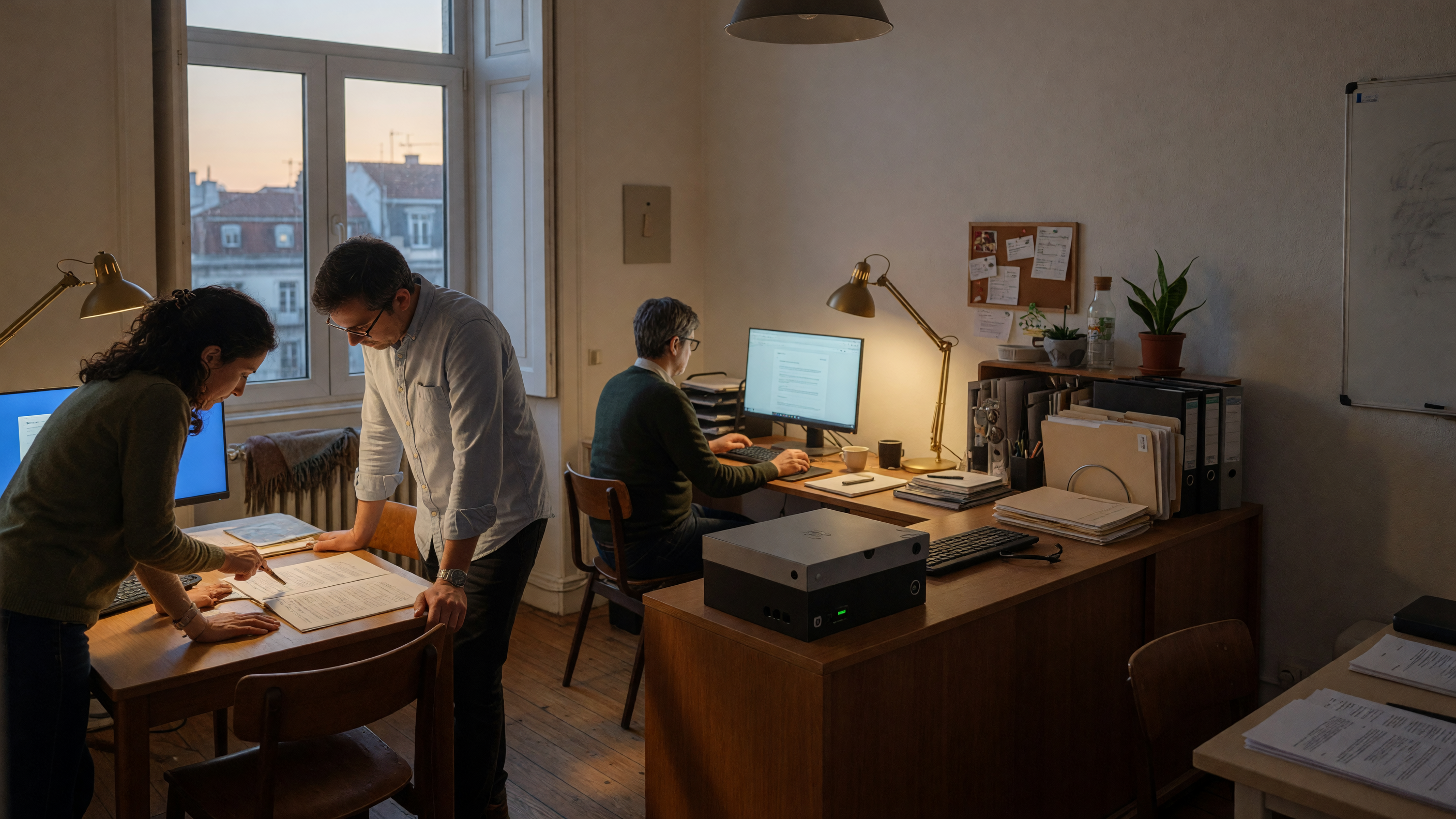 Three colleagues working in a calm small office beside an unbranded compact server on a wooden cabinet